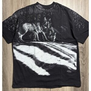 Vintage 90s Harlequin Wolf Animal Alaska T Shirt Size XL Mens Black & White